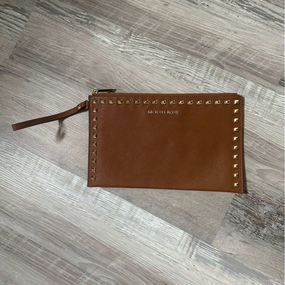 Michael Kors Brown and Gold Studded Leather Wristlet